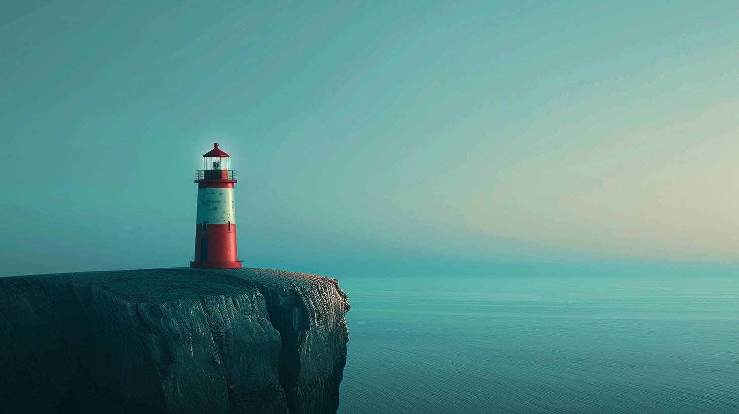 A solitary lighthouse on a cliff in 'Vibrant Void', juxtaposing vibrant beacon red with a sense of emptiness, using ocean blue and beacon red --style raw --aspect ratio 16:9 --version 6.0