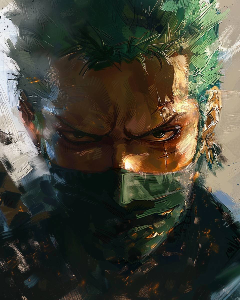 Craft an epic portrait of Roronoa Zoro from One Piece, wearing a ninja mask. Clear and close-up Full HD 32K resolution for maximum impact --ar 4:5  --v 6.0