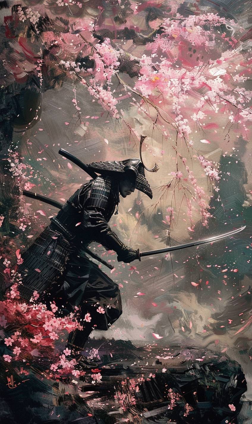 エマニュエル・シウ風のスタイルで、武士が桜の花の庭でトレーニングしています