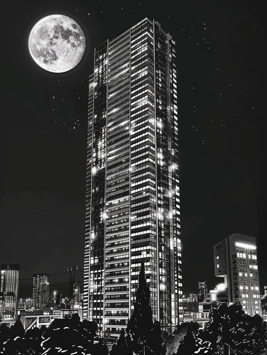 Wide shot of a tall condo in the skyline. The highest floor has a special deluxe design exterior layout. The setting is midnight. Monochrome manga art style with G-pen texture.