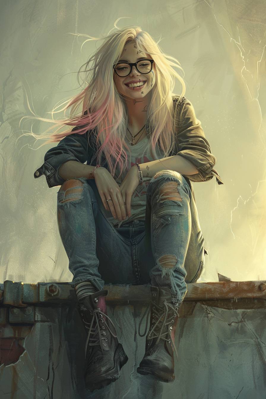 A girl with blonde hair with pink ends wearing glasses, ripped jeans and boots, smiling while sitting on a ledge. Teen romance book style, illustrative painter semi-realism, plain background, soft lighting.