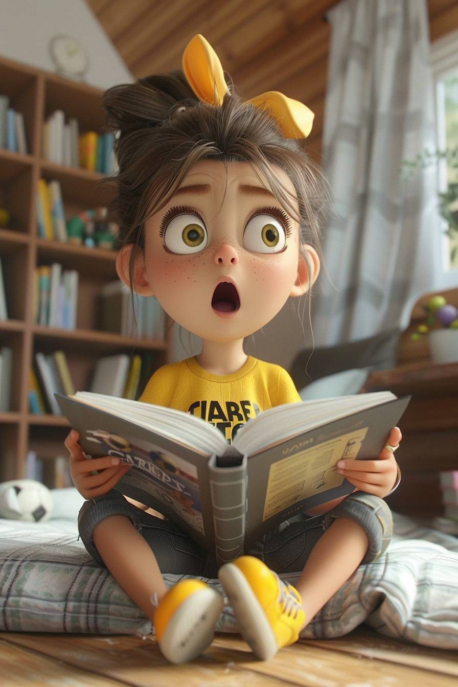 A girl named Clara wearing a football t-shirt and yellow shoes, with a surprised expression, discovering something amazing in a book, 3D render, Pixar style