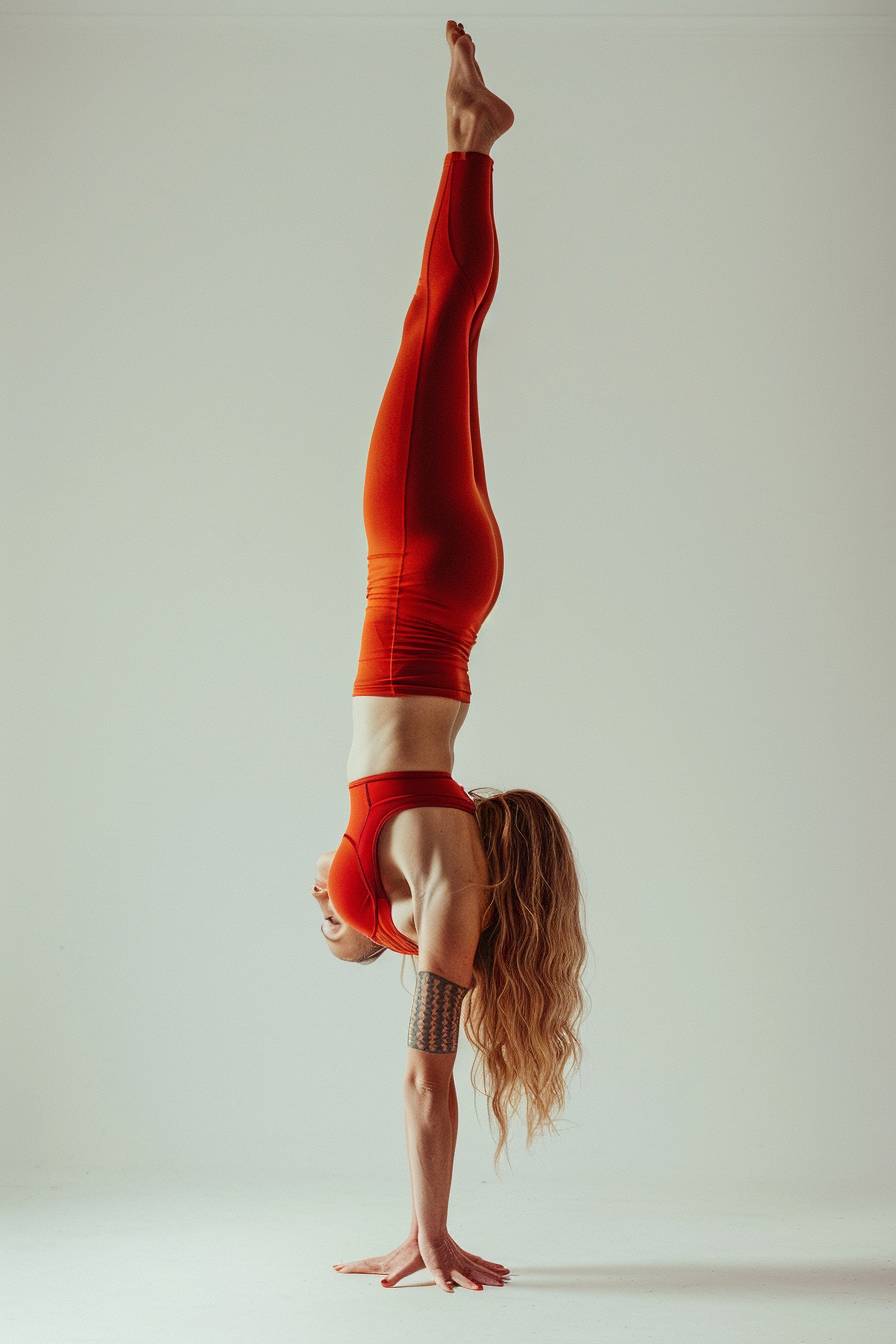 A woman doing a yoga handstand in the style of wearing red leggings and a top isolated on a white background.