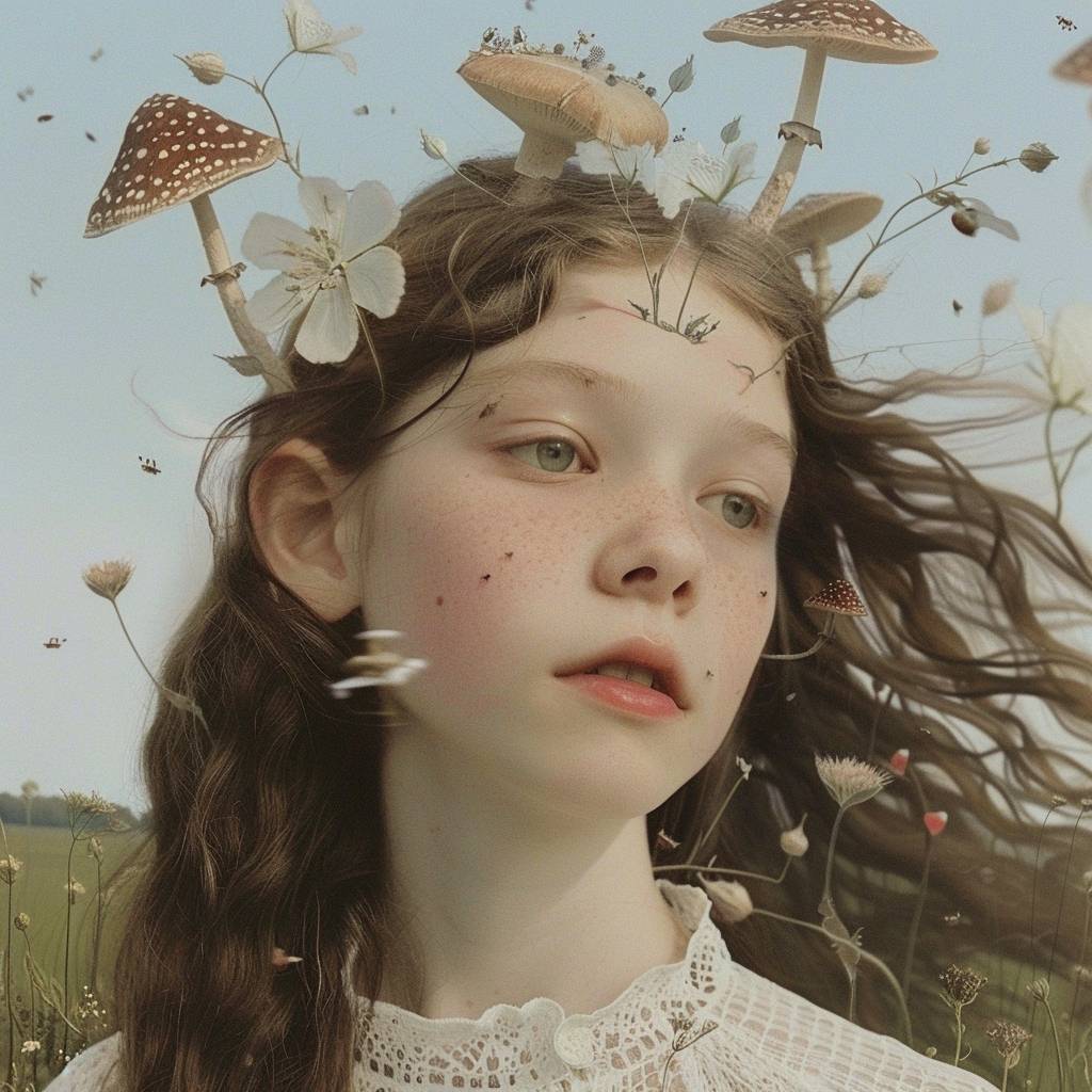 A charming illustration of a young girl, with flowing hair and bright eyes, exploring a whimsical fantasy world filled with enchanting creatures and magical landscapes. The girl exudes a sense of curiosity, wonder, and innocence, inviting viewers to join her on an adventure of imagination and discovery.
