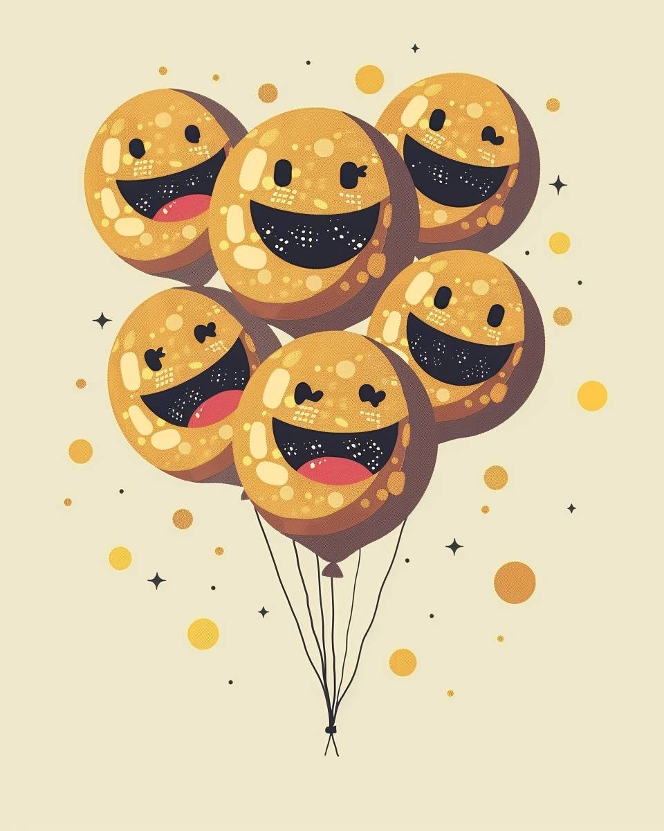 Flat print, yellow smiling emojis that is a balloon disco balls, the emoji ballons are made like disco balls, plain pastel cream background, illustration, retro poster art