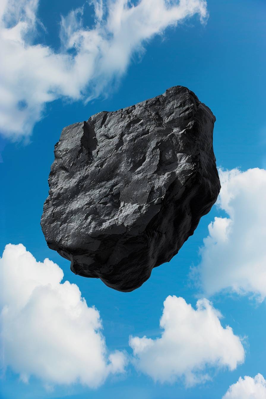 Black old sharp torn black flat silhouette stone with uneven edges, floating over the bright blue cloudy sky