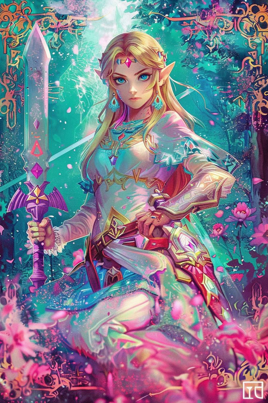 A holographic tarot card featuring the Tears of the Kingdom version of Princess Zelda --chaos 4 --ar 2:3 --personalize j9g24rr --stylize 250  --v 6.0