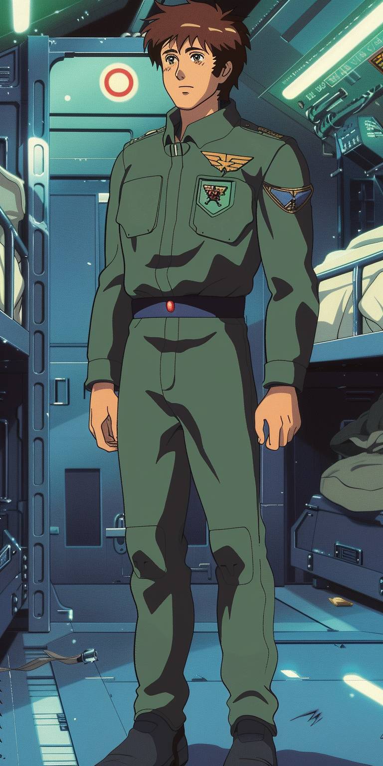 A teen Latino male pilot from the 1980s, with short hair, wearing a EFSF uniform inside a bunk room --niji 6 --ar 1:2  --v 6.0