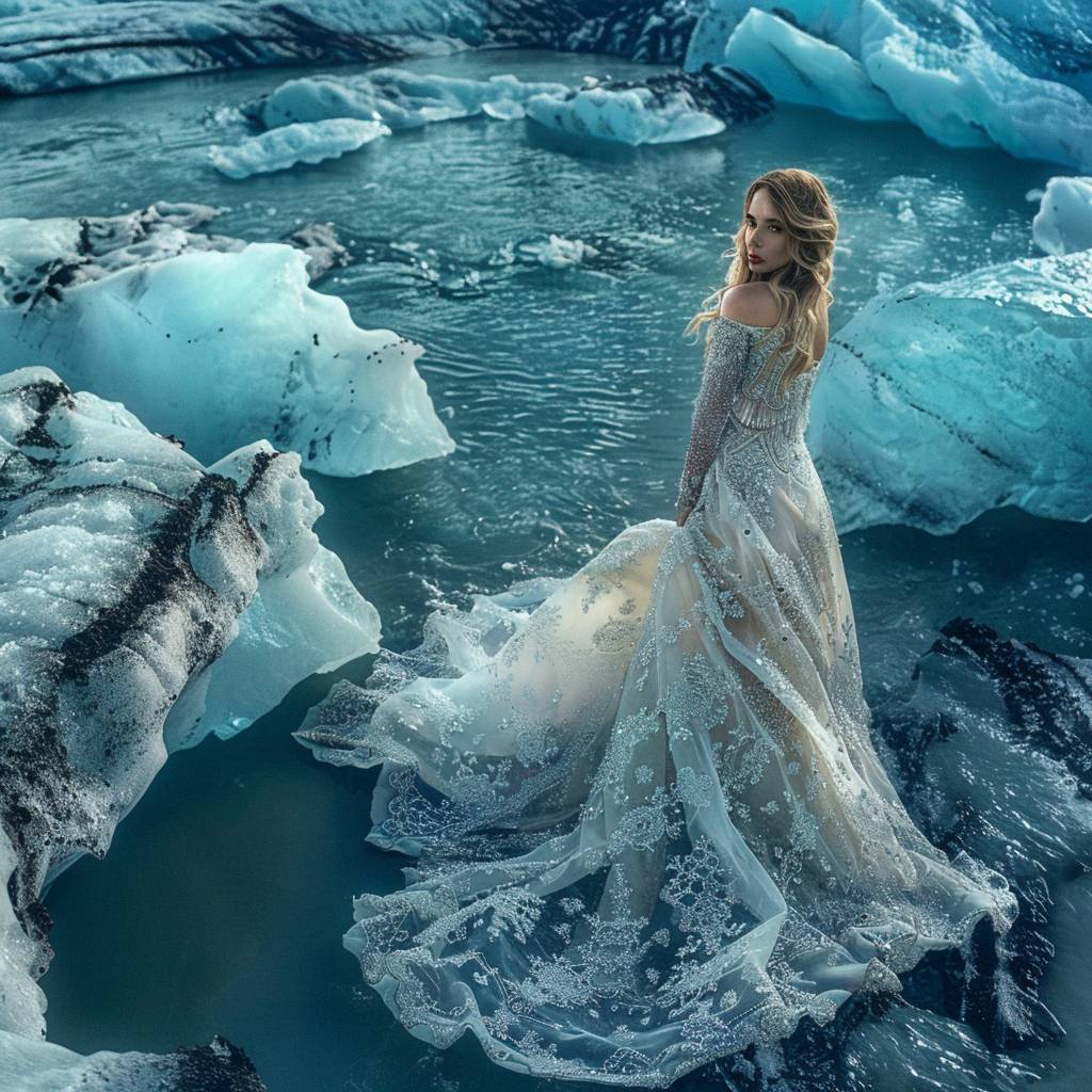 A stunning and ethereal portrait of a female model wearing a mesmerizing gown crafted from shimmering ice crystals. She stands boldly on the edge of a melting glacier, her pose dramatic and awe-inspiring. The ice beneath her feet cracks and crumbles, revealing a vast pool of icy blue water. Her eyes brim with a mix of fear and wonder, reflecting the fragility of her surroundings. The soft, divine lighting casts an otherworldly glow, accentuating the transient beauty of the scene.