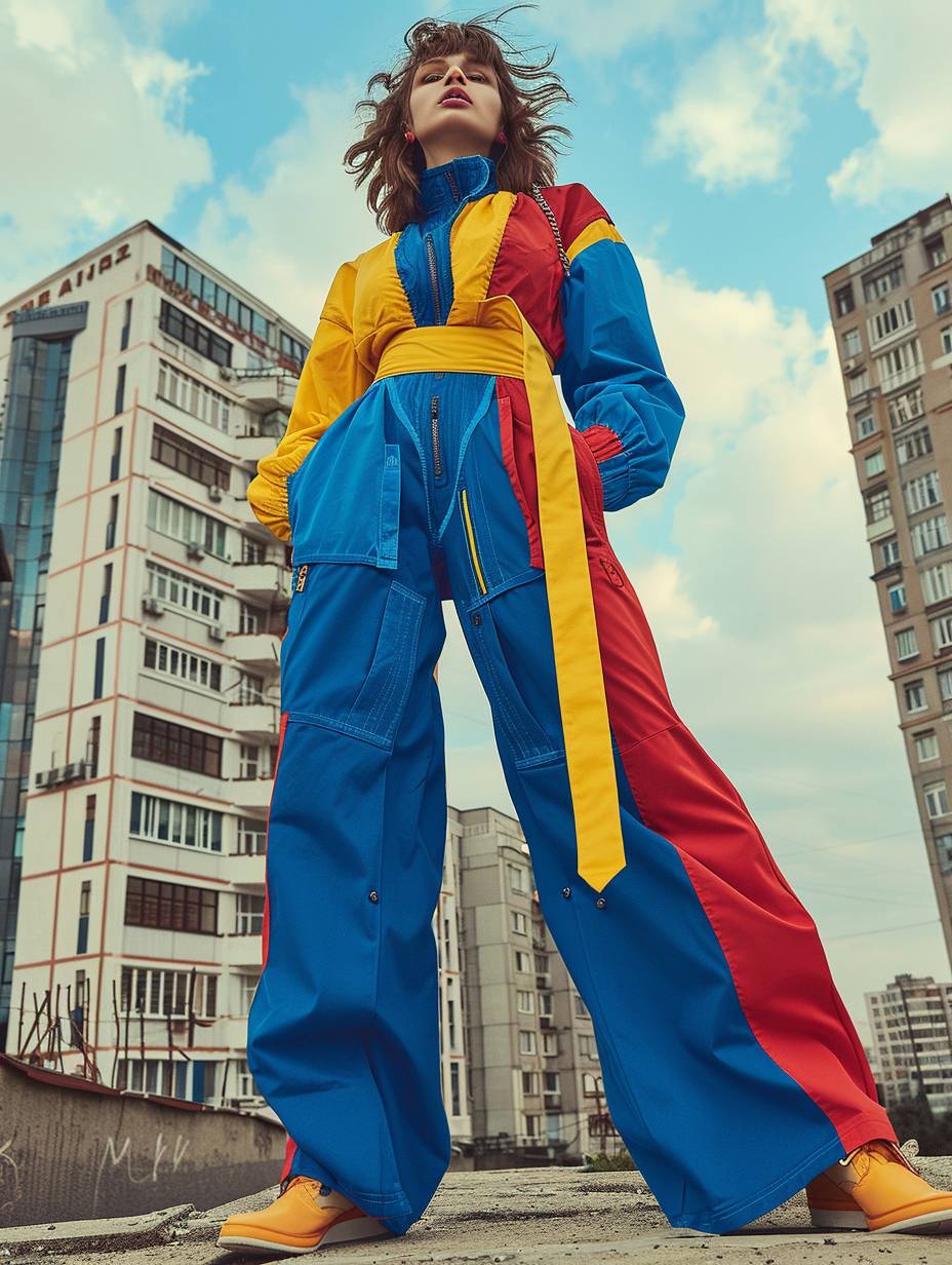 High quality, photorealistic, full body shot of a Caucasian woman dressed in blue, yellow, and red in front of a matching urban surrounding --Aspect ratio 3:4 --Version 6.0