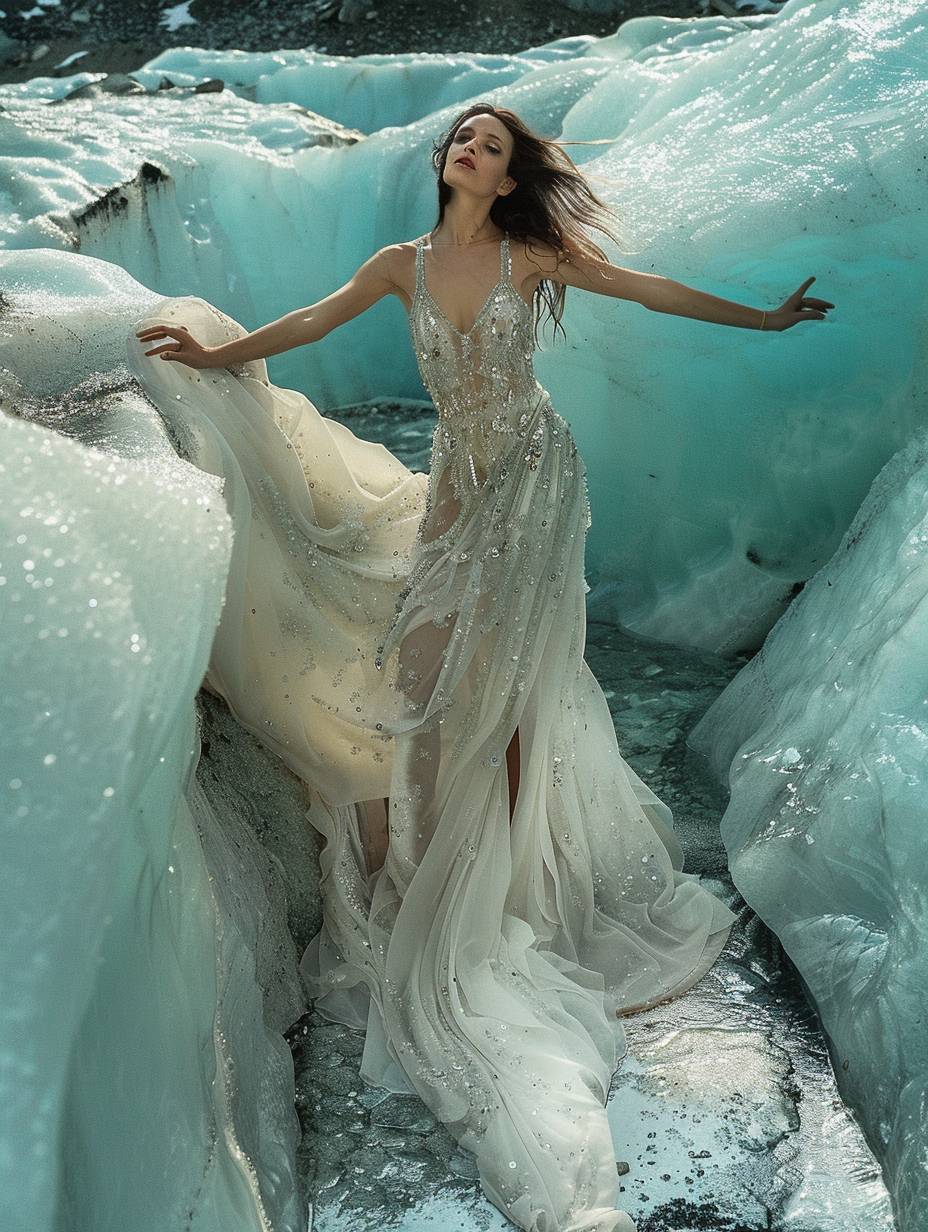 A model, draped in a flowing gown of shimmering ice crystals, stands on a precipice of a melting glacier. The ice around her is cracking and crumbling, revealing a pool of icy blue water below. Her pose is dramatic, arms outstretched as if reaching for the sky, her expression a mix of fear and wonder. The lighting is soft and ethereal, with a sense of fragility and impermanence.