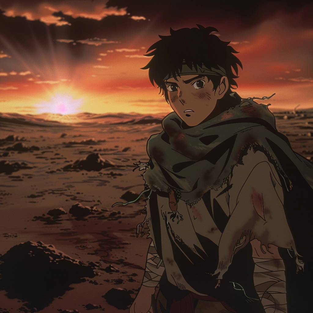 1990's anime still, Brave teenage boy with a headband, wearing a tattered cloak, walking through a desolate wasteland, dramatic sunset lighting, high angle, retro anime, 90s animation, high resolution