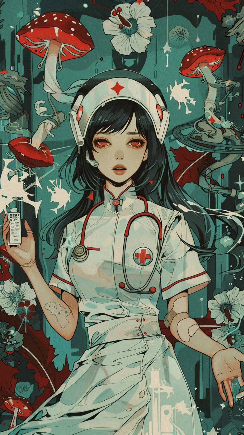 Nurse using predictions to route a patient down the right path of care, colors by Okumura Togyu, featured on pixiv, toyism, tarot card, anime aesthetic, flat colors