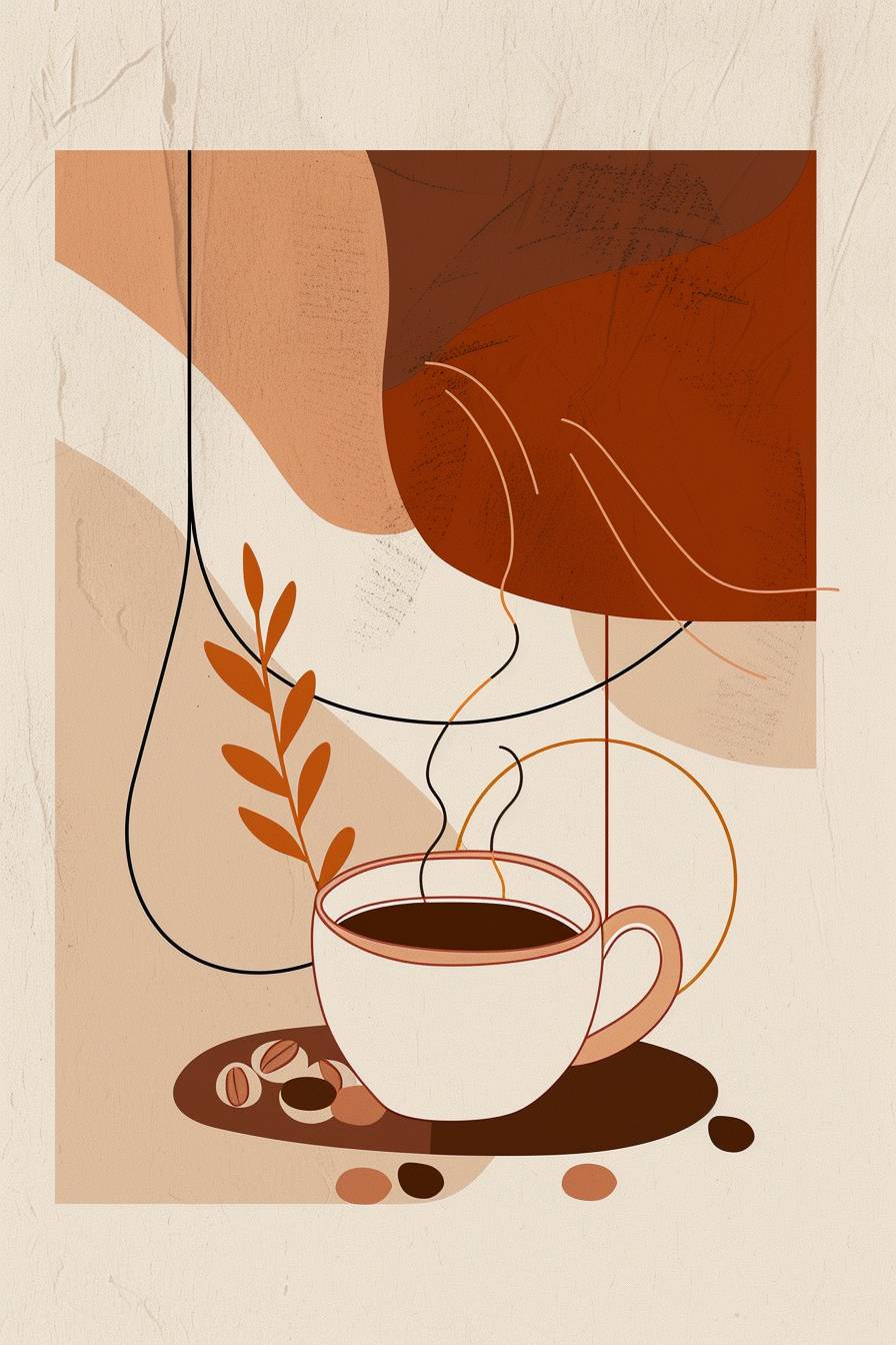 A line art poster for International Coffee Day, featuring a coffee cup, coffee beans, and steam, precise lines, geometric shapes, minimalist design. Balanced composition with modern stylish aesthetic, clean background with subtle brown and cream colors. Created Using: vector art techniques, Inkscape, Bauhaus influence, minimalist movement, thin line weights, hd quality, natural look