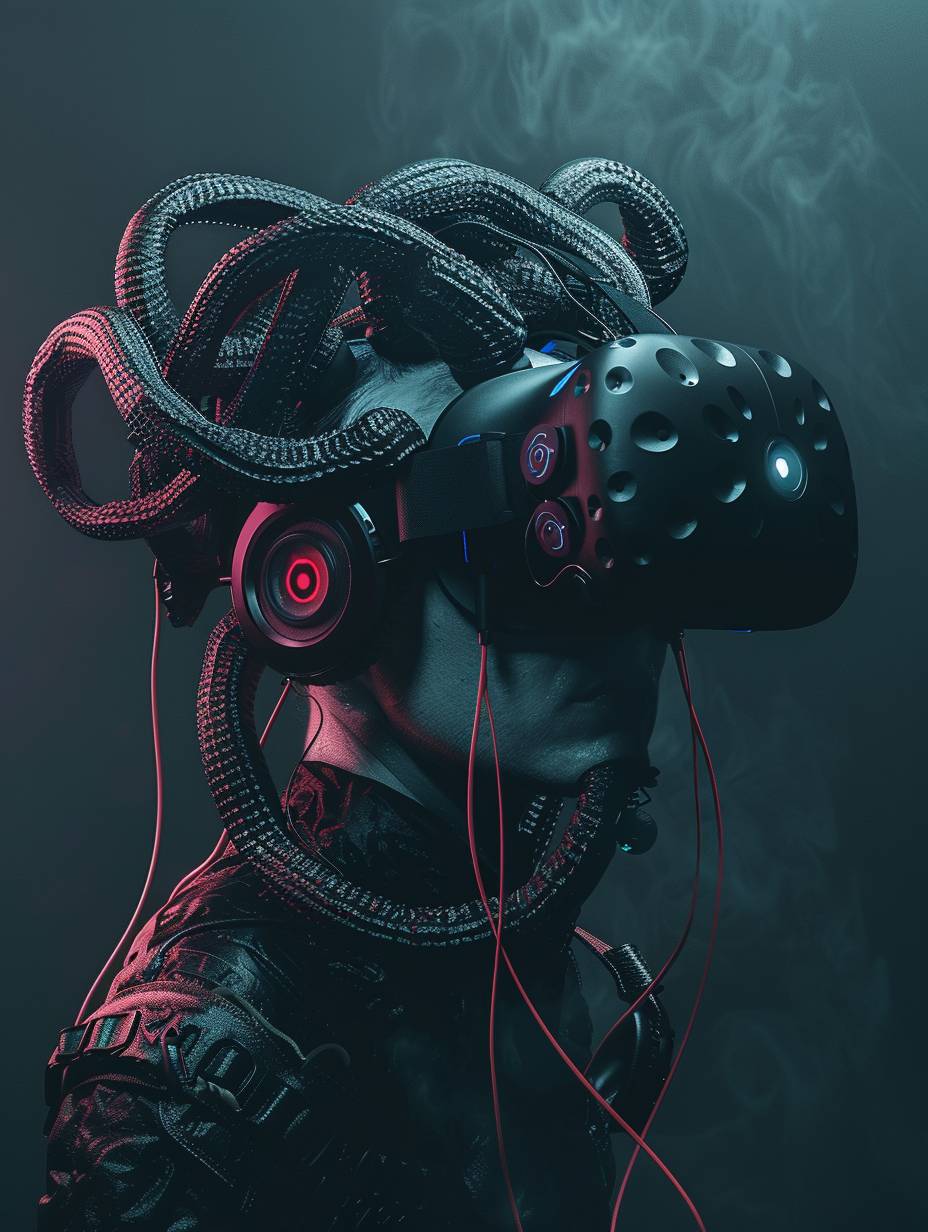 Medusa wearing a VR headset and headphones, Rave
