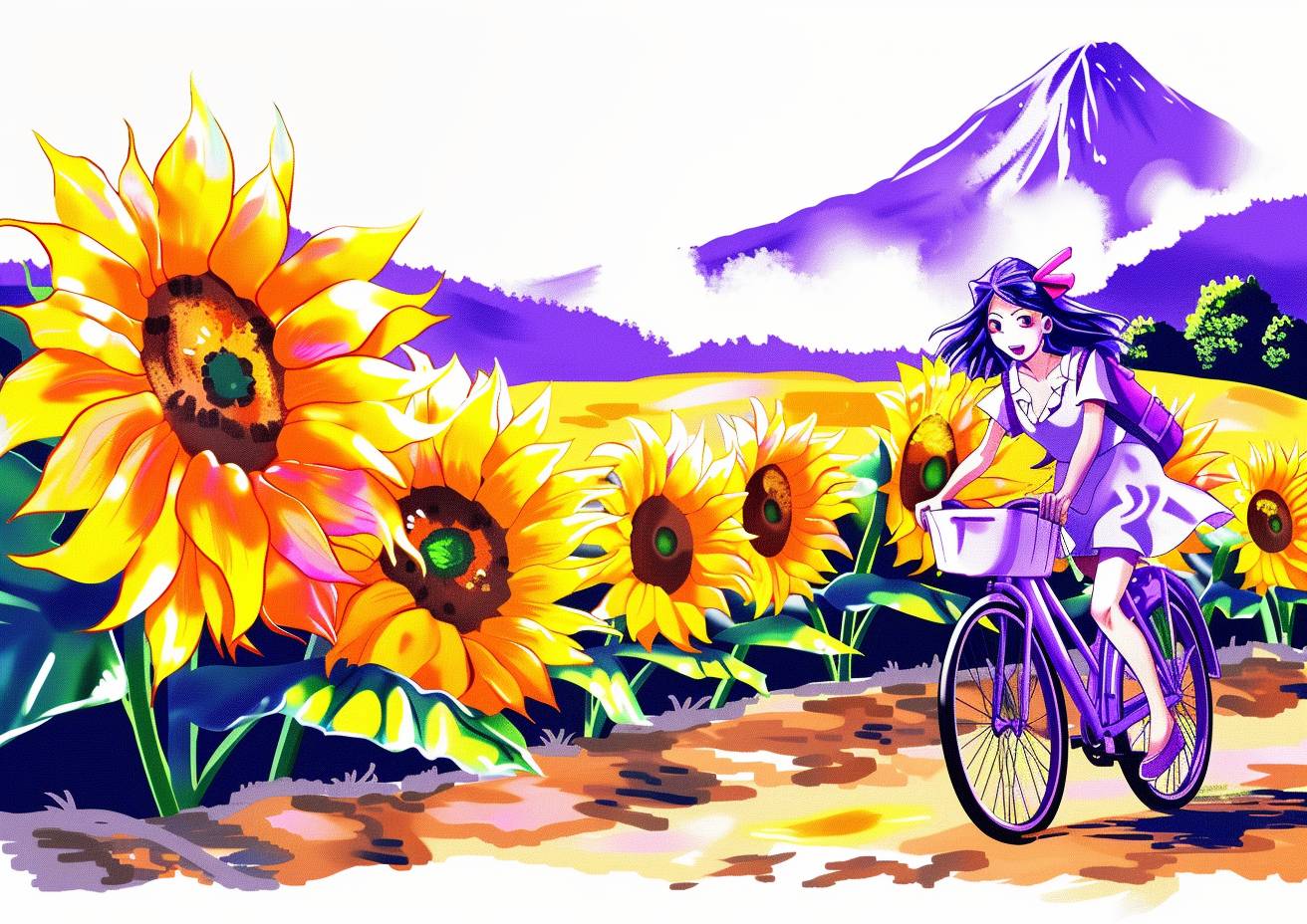 A French woman walking her bicycle, a field of sunflowers along a dirt road