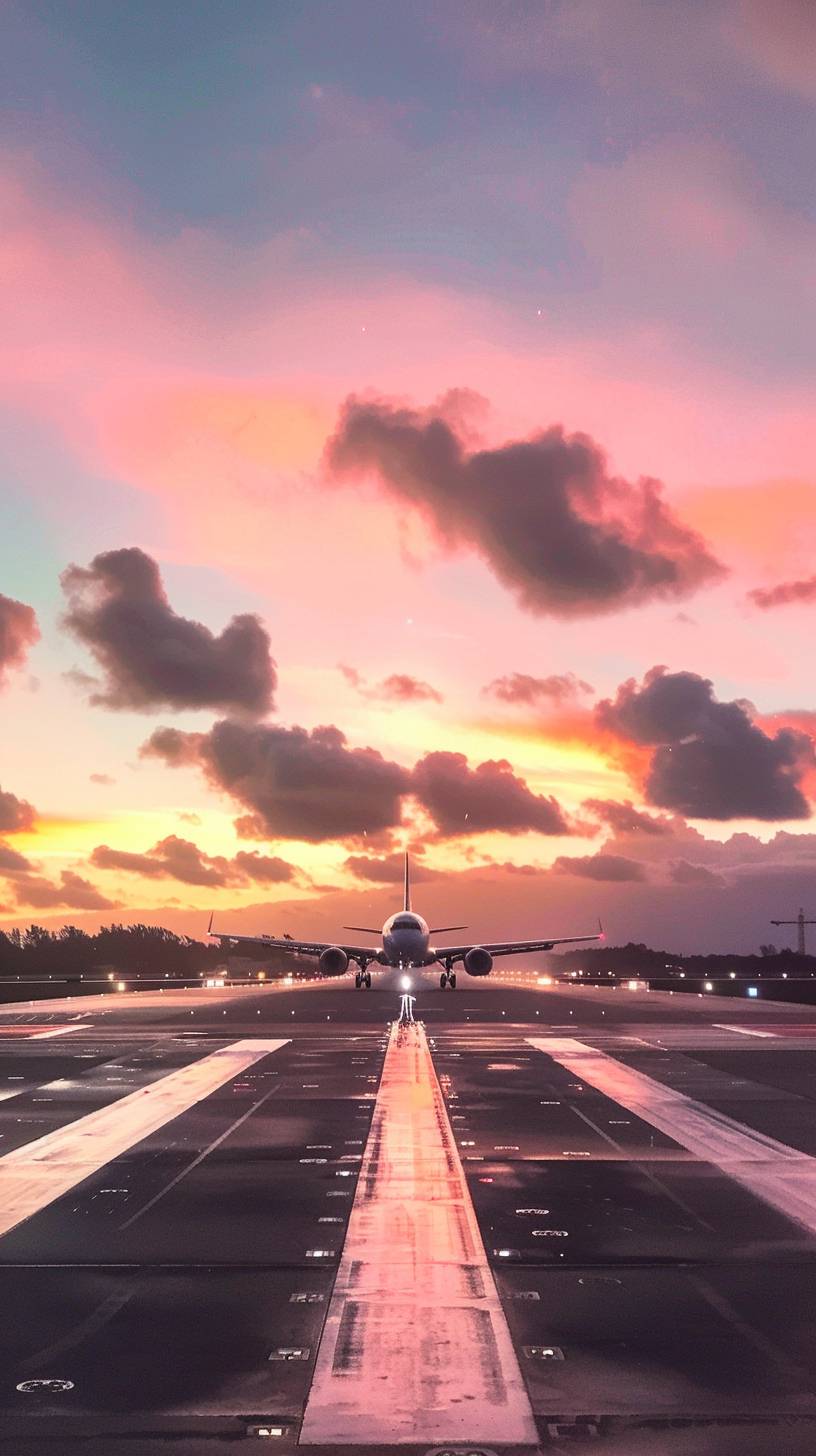 トロピカルまたはフロリダの空港で夕焼け時に着陸する飛行機をフロントビューで表現した、非常にクールな航空テーマの携帯電話のホームスクリーンの背景写真です。ほとんど晴れた空です。