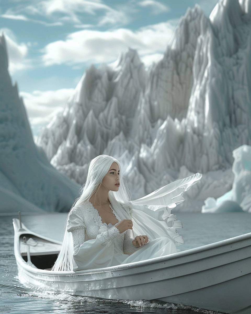 美しい白い服を着た美しい少女が白くて長い髪を持ち、船に乗って白い山々が背景に広がる風景写真で、白い色が非常に支配的です。霧はありません。アスペクト比は4:5、絞り値は6.0です。
