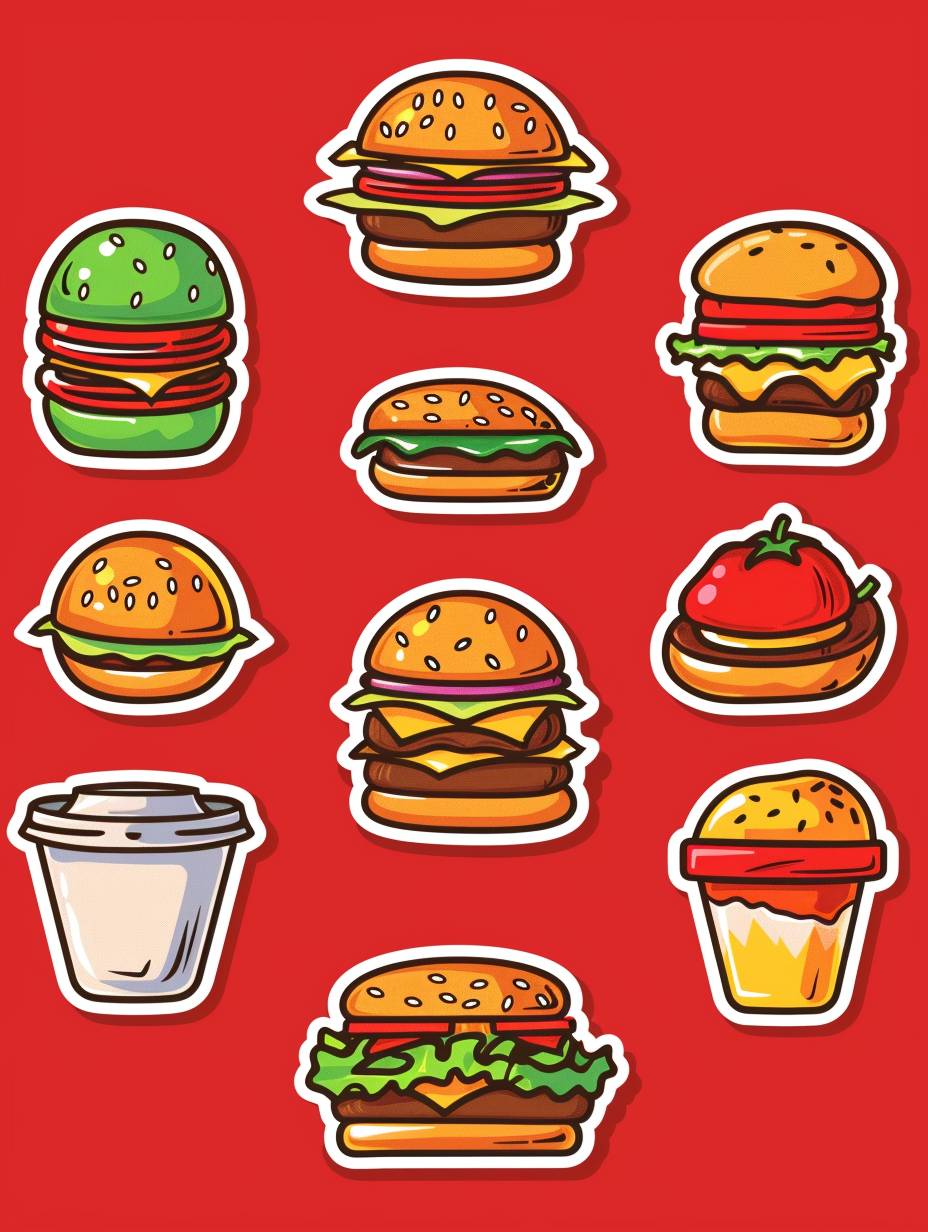 Several stickers in 1 piece, knolling of minimalism style cute hamburger, cute pocket sticker, vector image, icon design, sleek lines, flat color, red background, no text, no watermark, red blue yellow green, aspect ratio 3:4, stylize 200, version 6.0