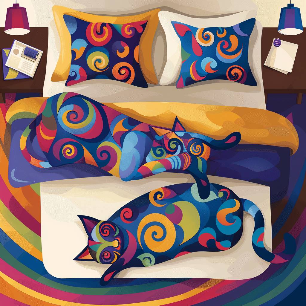 2D flat design illustration, top down view of a beautiful bedroom with 3 cats and a man sleeping. The cats are brightly colored with distinctive swirly patterns.