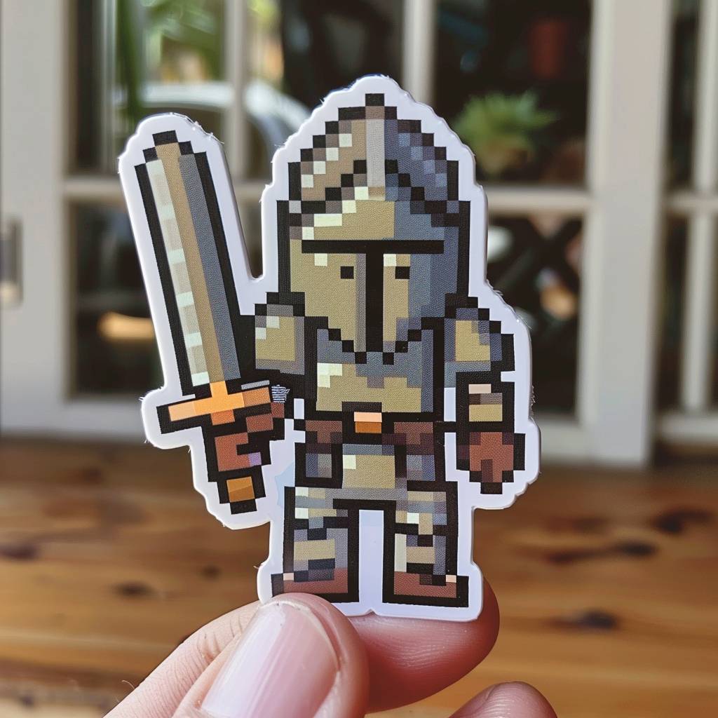 Sticker depicting pixelated knight