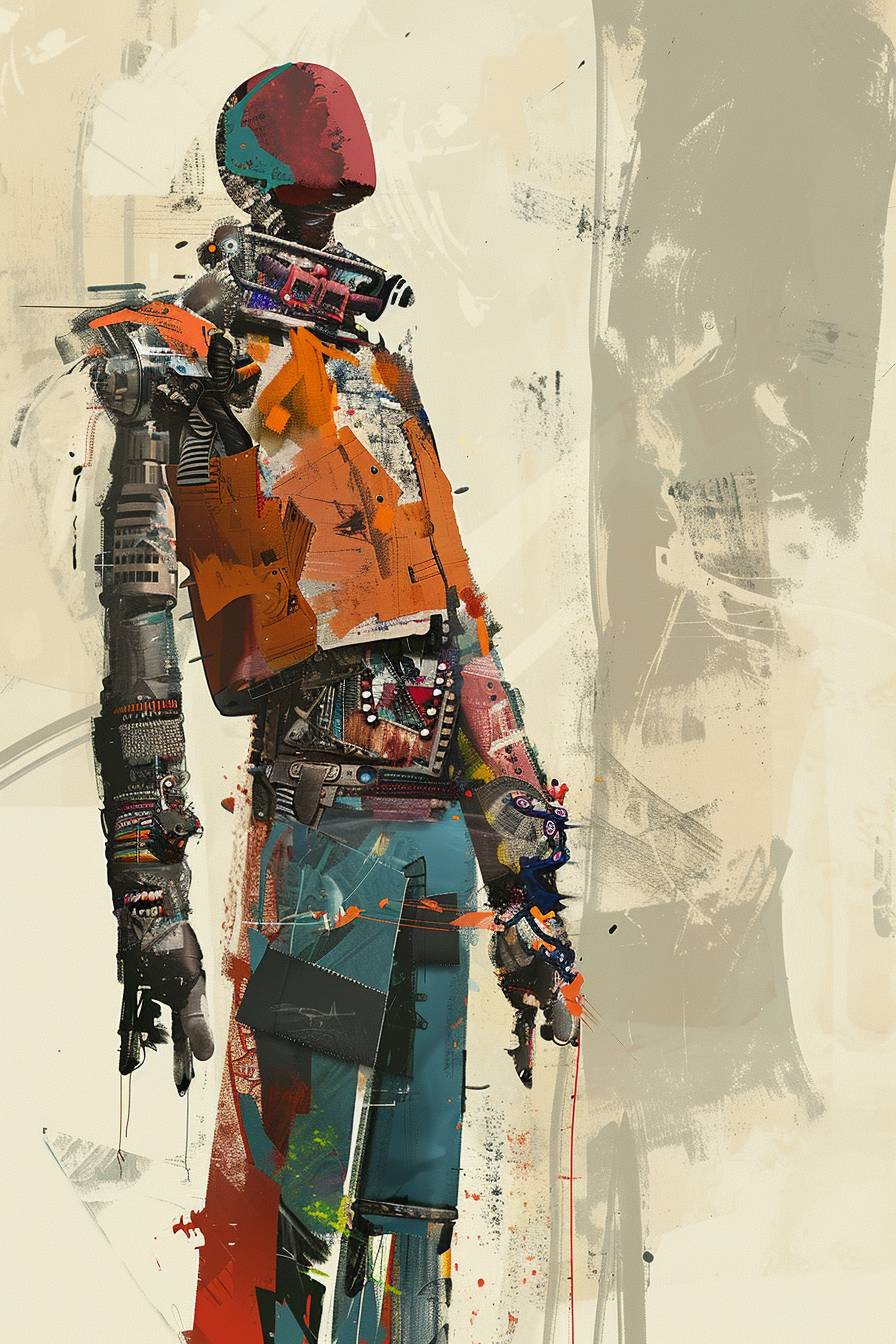 Character concept design in the style of Milton Ernest Robert Rauschenberg, half body