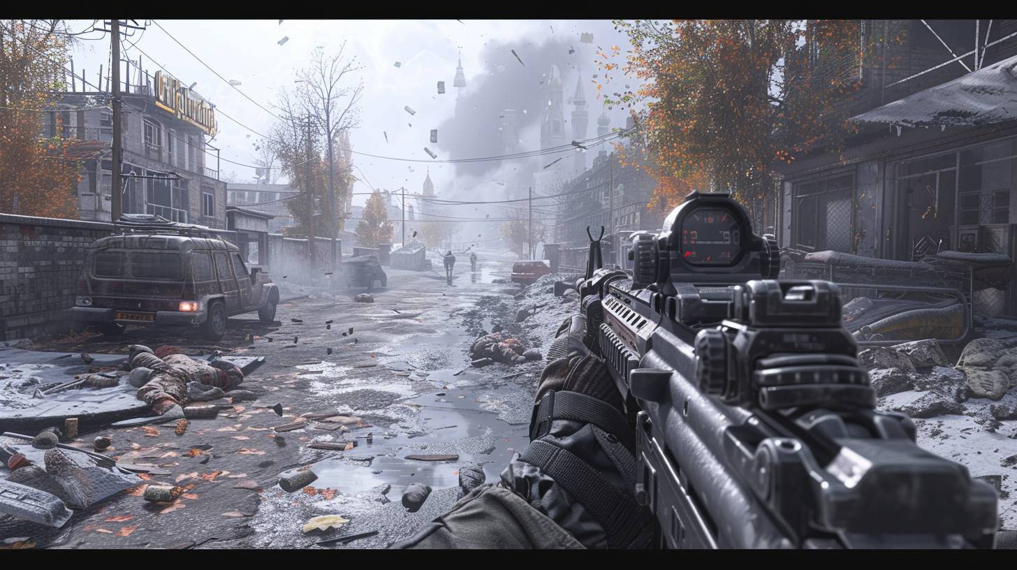 First person view in a Call of Duty map, engaging with opponent war, gun ready to fire POV, designed for immersive gameplay, an atmosphere of intensity and presence, a style focused on perspective at the same time first person, detailed and engaging rendering.