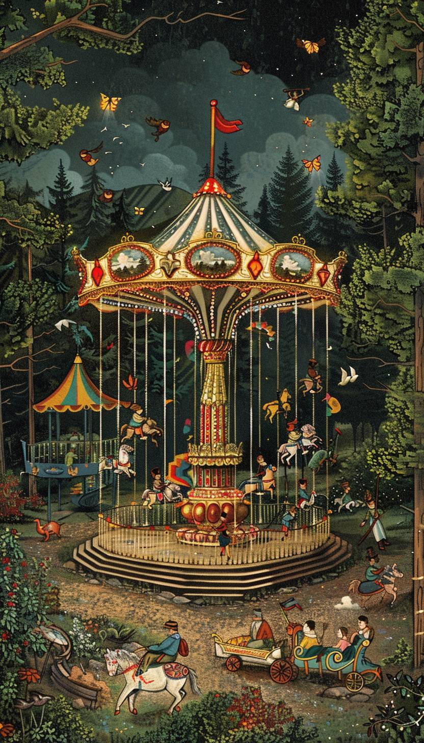 In the style of Marjane Satrapi, a whimsical carousel in a fantastical carnival