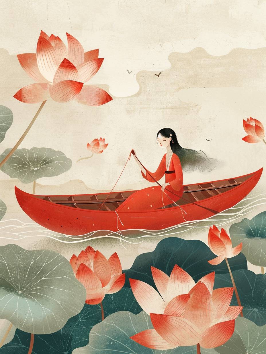 Illustrated female rowing a big red boat with lotus in her hands, in Japanese abstract style, in the style of Bauhaus, repeat photography, illustration for children's book, Angula Kai, delicate flower, historical illustration, I can't believe how beautiful this is, high detail, hyper quality, high resolution, HD, 16K