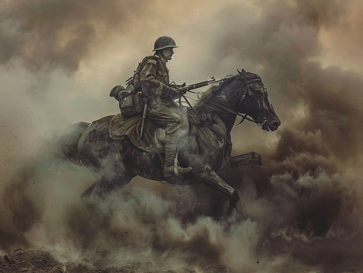 An old photograph from the WW II, capturing a dramatic and surreal scene. A German soldier, donned in the traditional uniform of the German army of that era, is depicted in mid-action, riding a huge [WHATEVER] as if it were a gallant steed. This is no ordinary scene; the [WHATEVER] charges fiercely across a smoky battlefield. The soldier, equipped with a simple rifle slung across his back, exhibits a mix of determination and urgency in his expression, evoking the intense emotions of battle. Smoke billows around them, enhancing the dramatic effect of this wartime action scene.