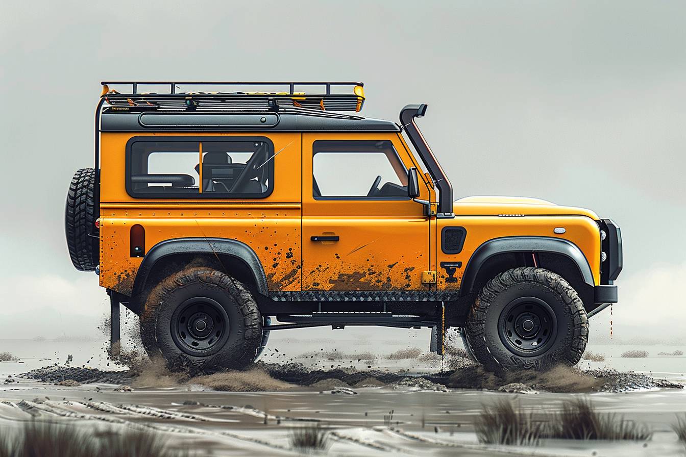 Land Rover Defender 100, designed, side view, illustration, Yellow, Sahara, Dakar, digital art, hyperdetailed, hyper realistic, art station, autogram, cargram, overlander, explorer vehicle, Matthew Hoss, Dieter Rams, 10 and 2, unreal engine, 32k, 4k, white background