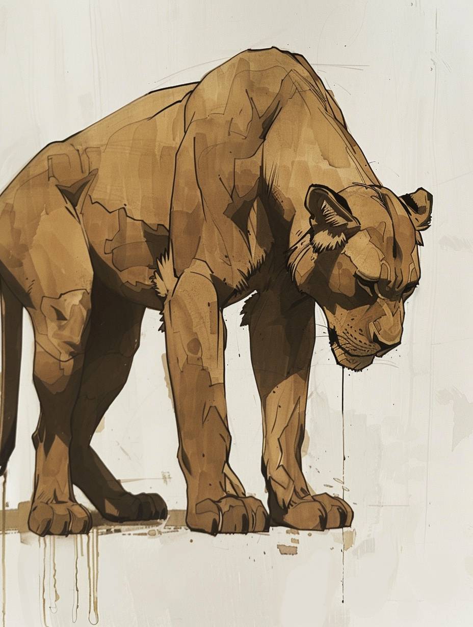 A full-body side view of an ancient Egyptian lioness head bowed on a white background, in the style of Mike Mignola and Ashley Wood.