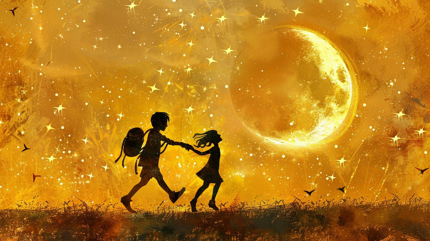 A boy and a girl are running hand in hand, carrying backpacks, under the crescent moon with stars shining brightly behind them. The background is an illustration of a yellow night sky. They appear to be enjoying each other's company as they walk towards the horizon.