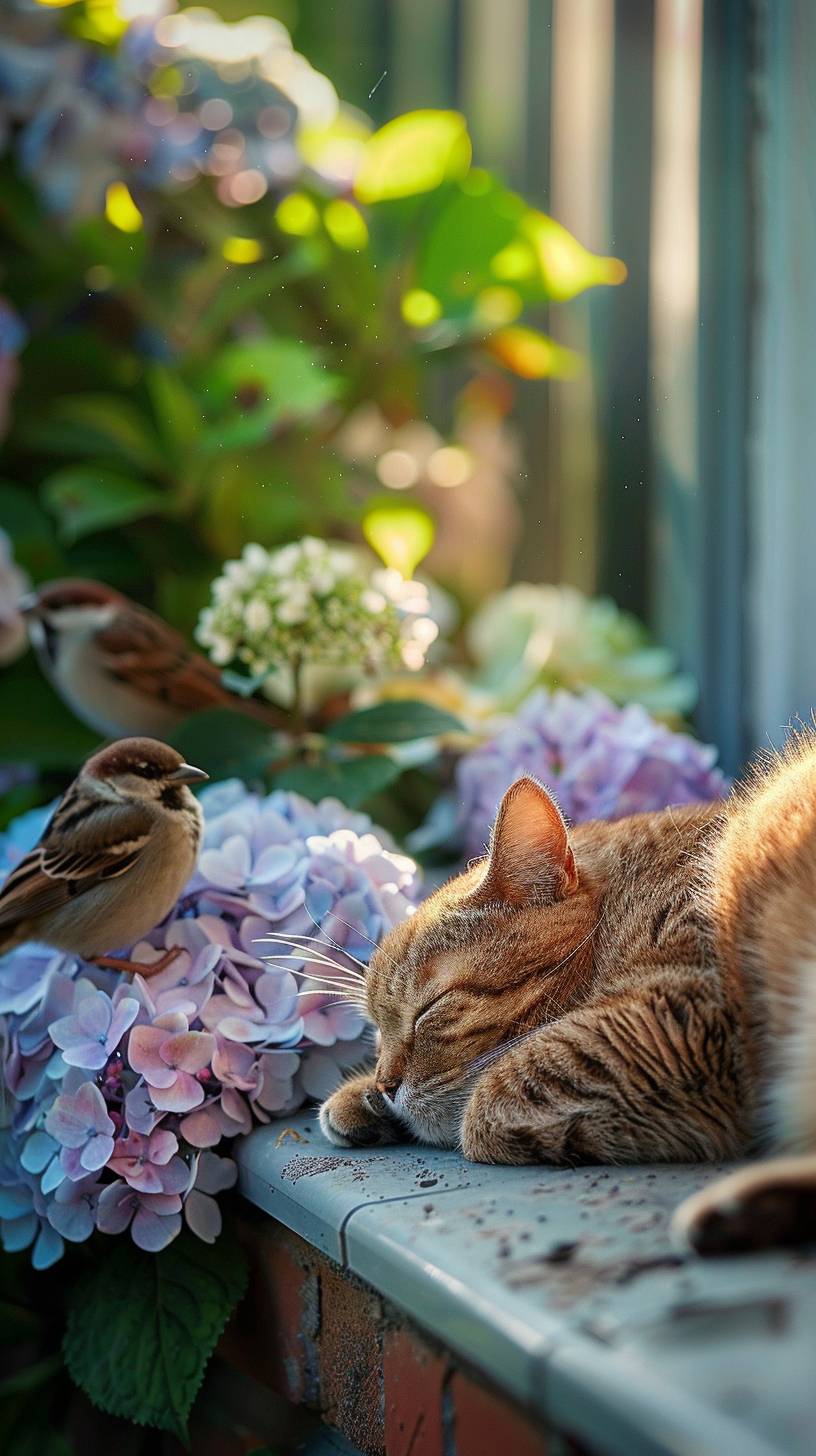 Cat dozing on the porch, hydrangea spreading beyond the porch, two sparrows standing near the cat, colorful hydrangea on the diagonal left of the frame, garden greenery and colorful hydrangea, soft natural light and sunlight, especially vivid colors of hydrangea, details of sparrow feathers and cat fur are well expressed with warm light, Rule of Third awareness, a sparrow perches in the center of the hydrangea, the cat is slightly oblique.
