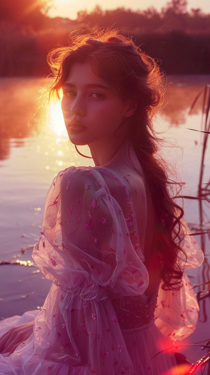 A pretty young woman sits by the misty lake at dusk, looking at the camera, wearing iridescent satin under the glaring red sun, exuding ethereal light, a masterpiece cinematography.