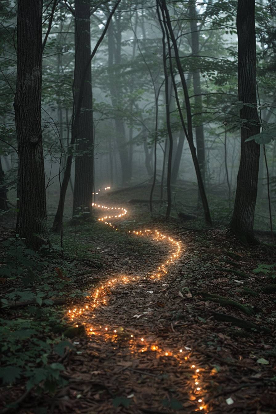 In the style of Akos Major, Fairy lights illuminating a path through the woods -- Aspect ratio 2:3 -- Version 6.0