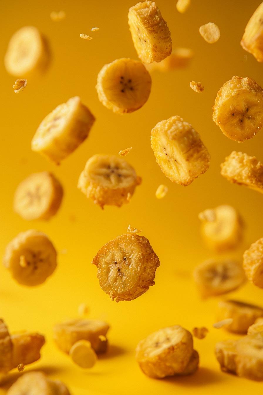 Marketing photography of croutons made of fried plantains floating in the air over a yellow studio background, studio photography