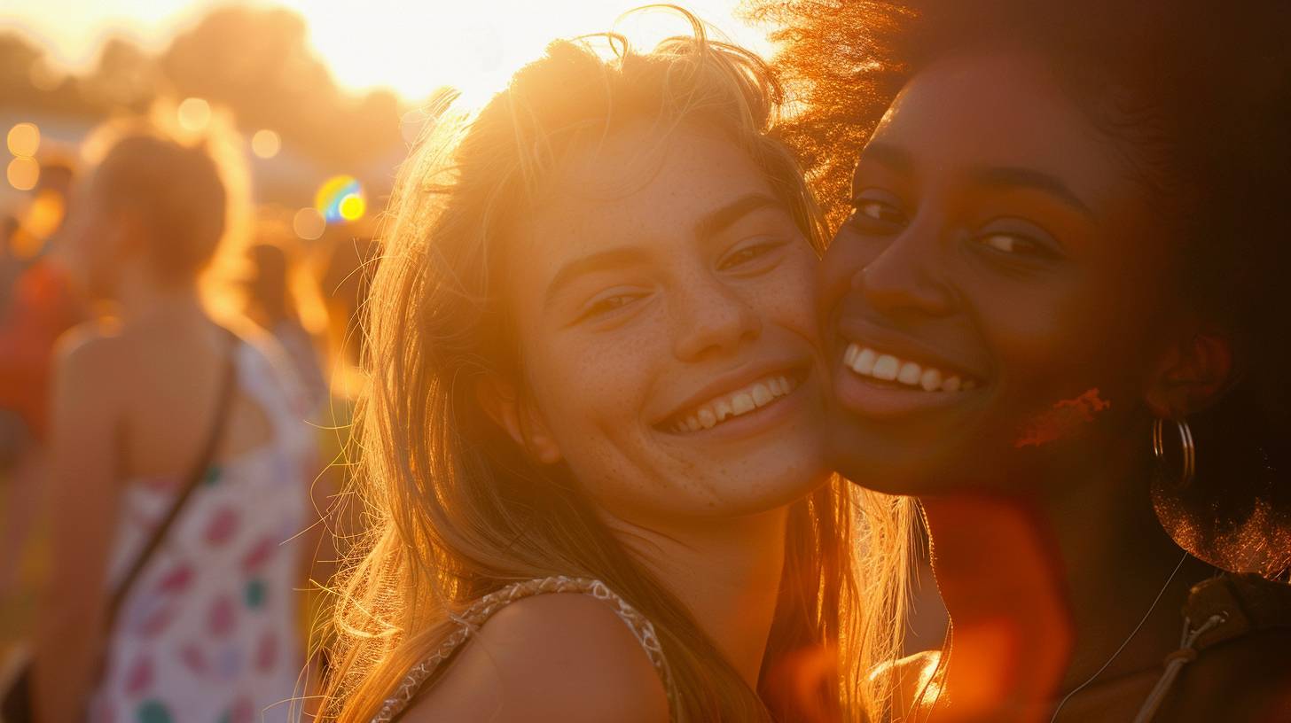 Cinematic, documentary photography, girls at a festival, close up shot, high camera angle, golden hour lighting, shot with Canon EOS C300 Mark III, clean composition