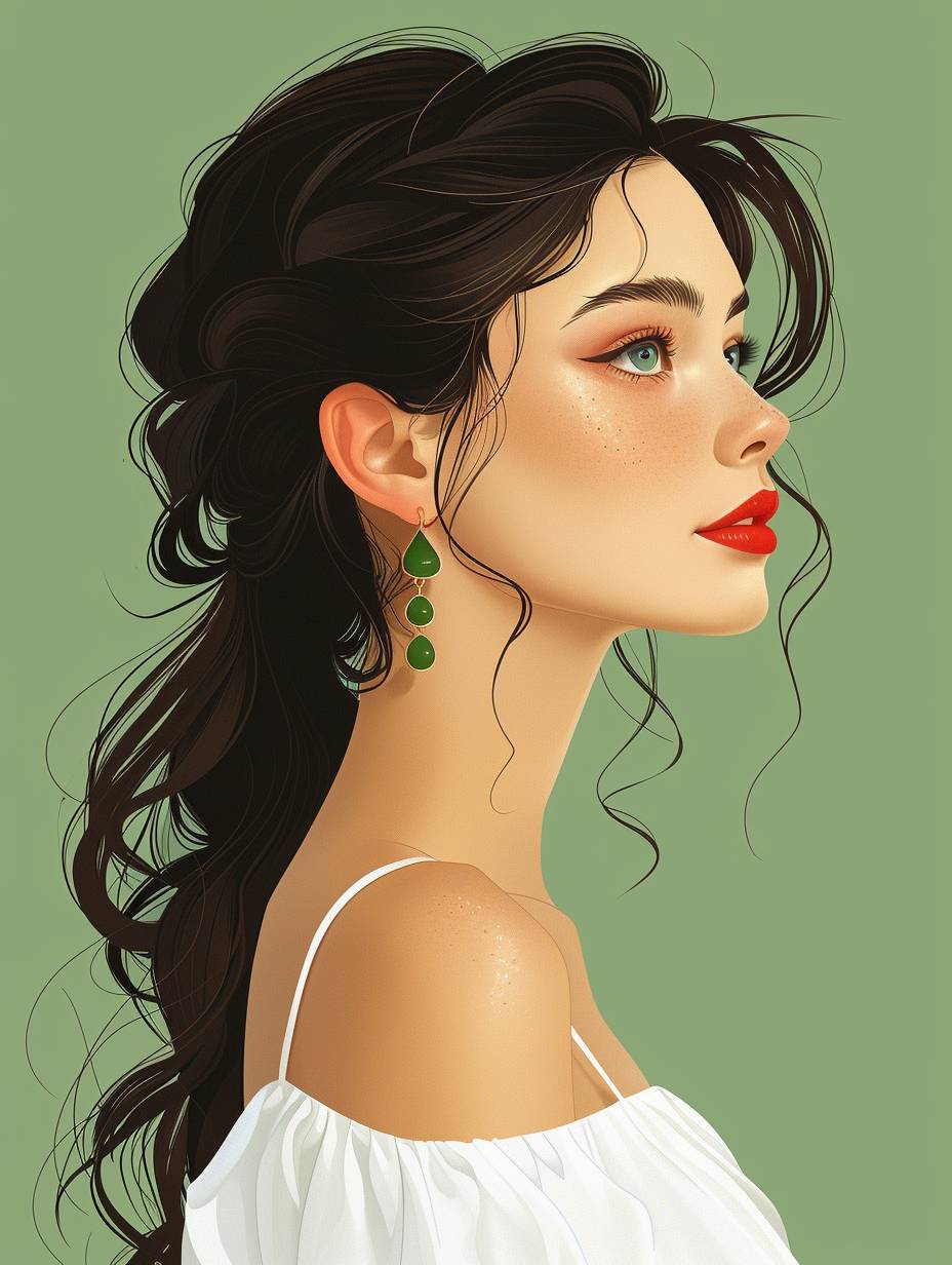 Flat illustration of a girl, background in avocado green, minimalist art, white dress, red lipstick, alluring gaze, green vintage earrings, profile view, soft lighting, muted tones, serene ambiance.