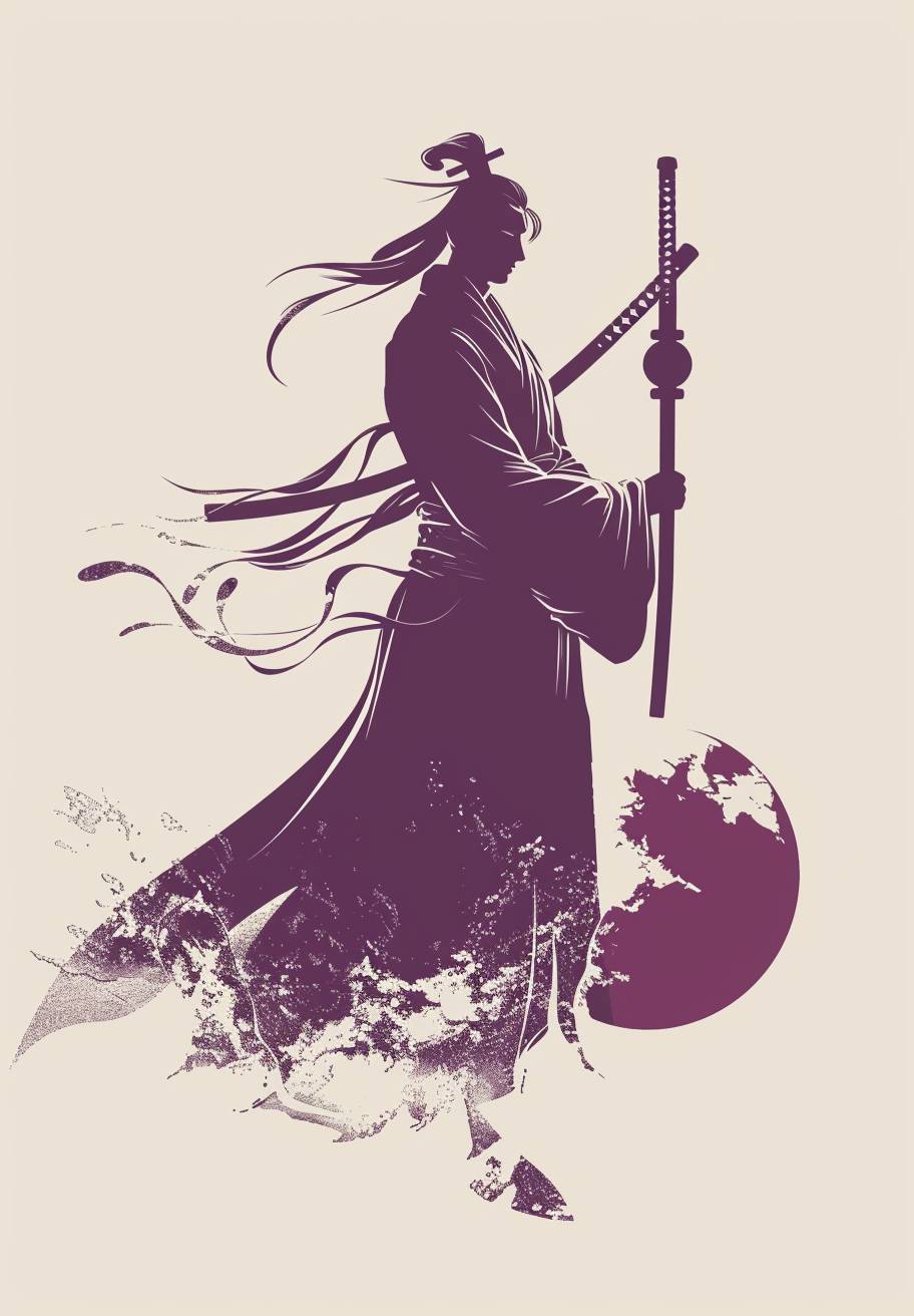 Logo incorporating science fiction and futurism, a Chinese swordsman with wine-containing gourd, Side view, close-up, best design, logo flat icon, pale violet