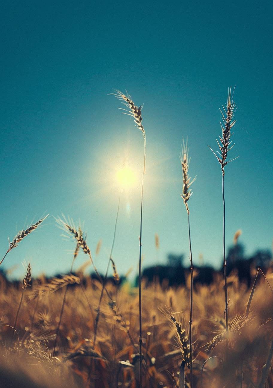 Wreath of wheat, clear sky, sun, near a reality field, cinematic shot