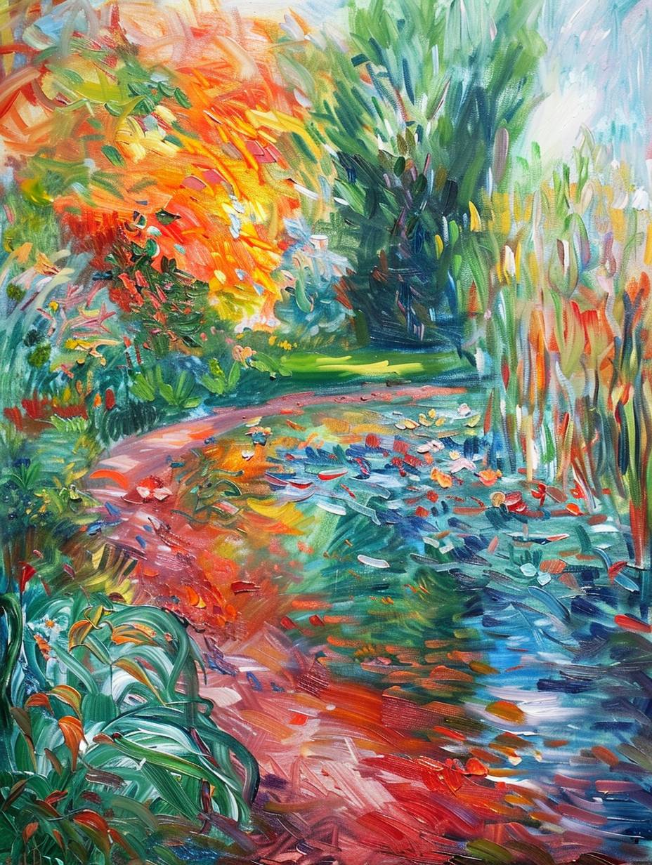 A painting of the garden at avant garde in the style of Claude Monet, capturing the autumn scenery with large brush strokes and vibrant colors. The green grass and trees contrast against the red ground covered with orange leaves. The edges are blurred, creating swirling patterns. Light is reflected on the water surface, and bright sun rays illuminate the scene. The artwork is done in the impressionist style, representing the impressionism art movement. It is beautiful and colorful.