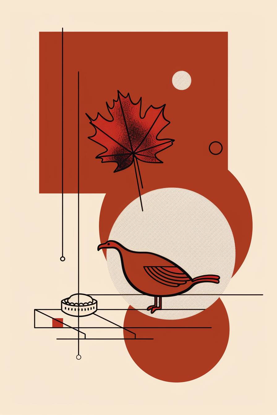 A minimalist line art poster featuring a turkey, maple leaf, and pie for Thanksgiving Day, with precise lines, geometric shapes, and a modern stylish design. Balanced composition, clean background with warm fall colors. Created using vector art techniques, CorelDRAW, influenced by Bauhaus, minimalist movement, thin line weights, HD quality, natural look.