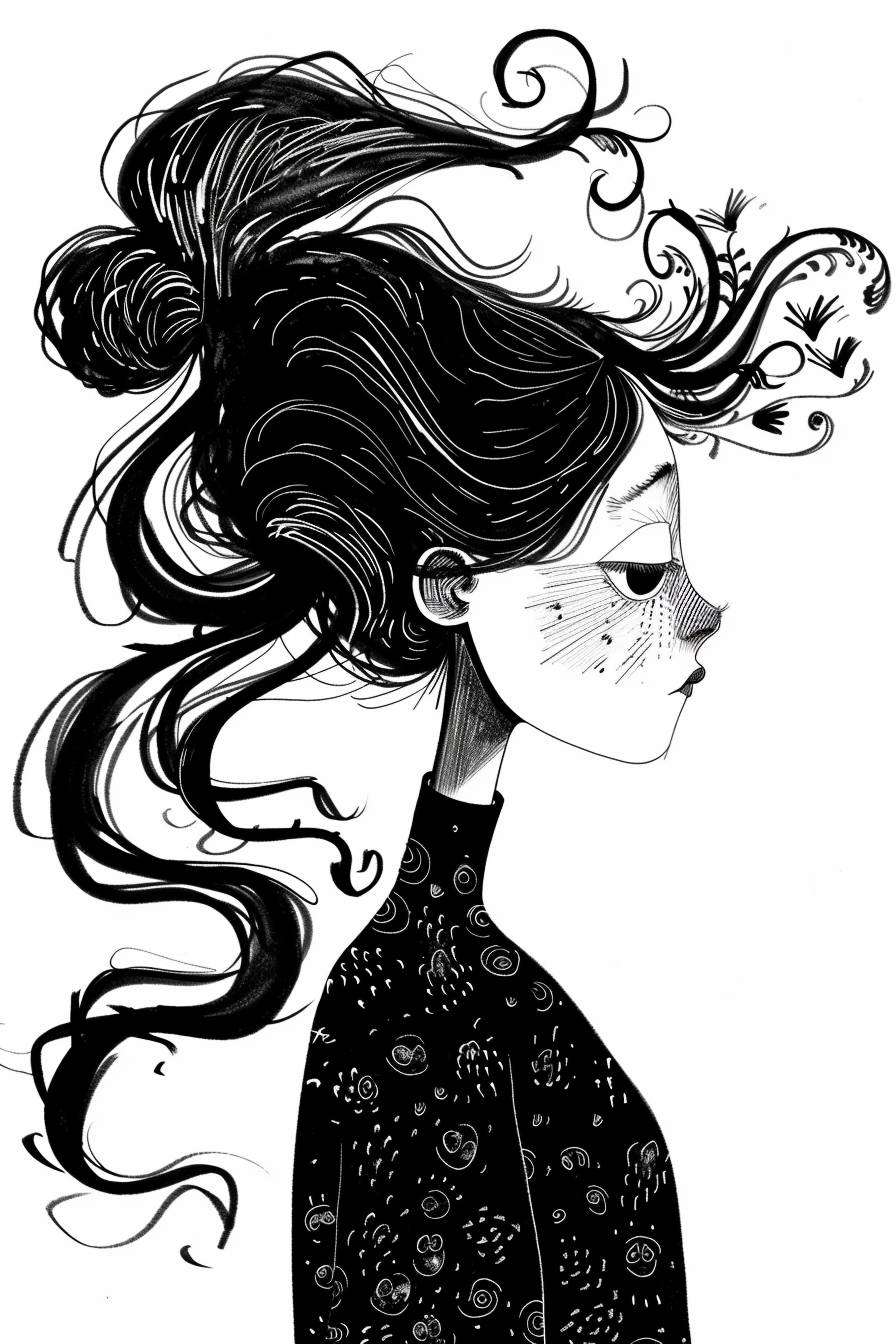 Gemma Correll風のスタイルで、キャラクター、インクアート、側面ビュー