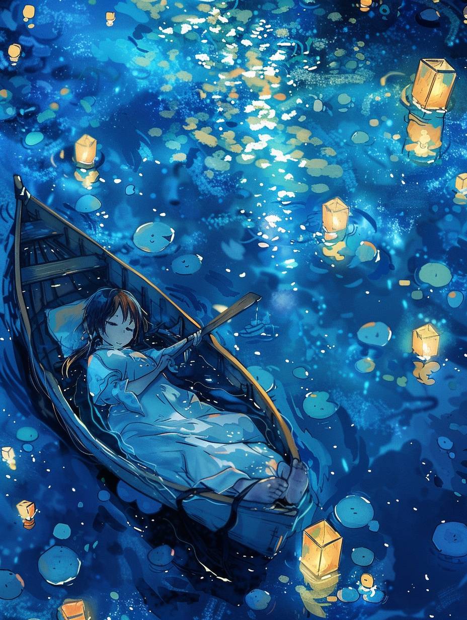 可愛い女の子が、宮崎駿スタイルのボートに横たわっている。透明な水。スタイルは日本のアニメカートゥーンのようなシンプルな青色トーンを使用しています。詳細なディテールを備えた上半身の肖像画です。夜中、水は星明りと空灯籠を映し出していました。