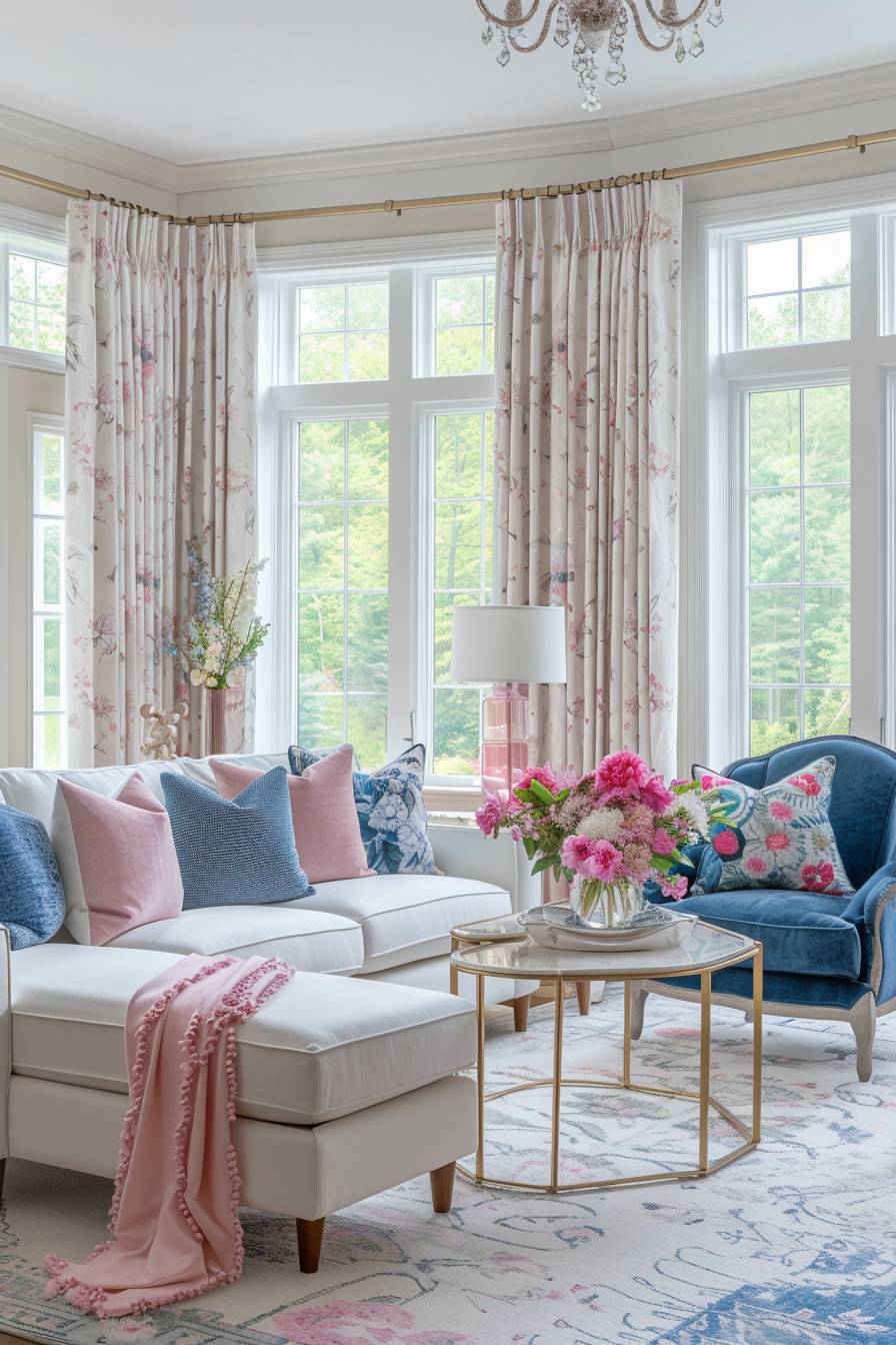ピンクと青のクッションが飾られた白いセクショナルソファがあるエレガントなリビングルーム。大きな窓を囲むピンクと青のカーテンとの組み合わせ。右側には青いアームチェアがあり、白い絨毯の上には花のセンターピースがある光り輝く金のコーヒーテーブル。モダンなシャンデリアが天井から吊るされ、花瓶の中のピンクの花が自然を感じさせる。