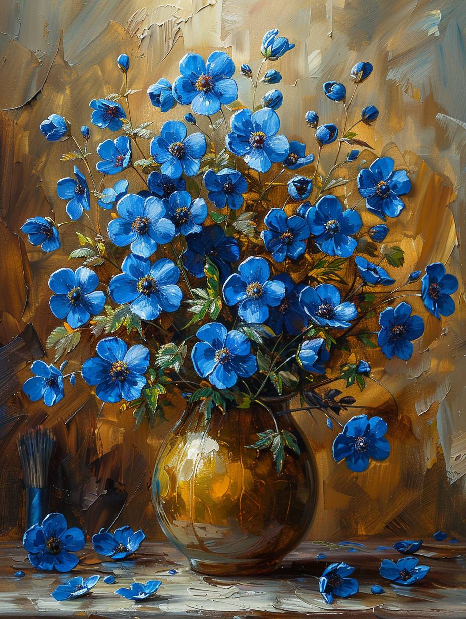 Myosotis sylvatica, Oil painting, Van Gogh style oil painting, The brushstrokes of the oil painting are obvious, Artistic composition, The highest picture quality, 8K, HD