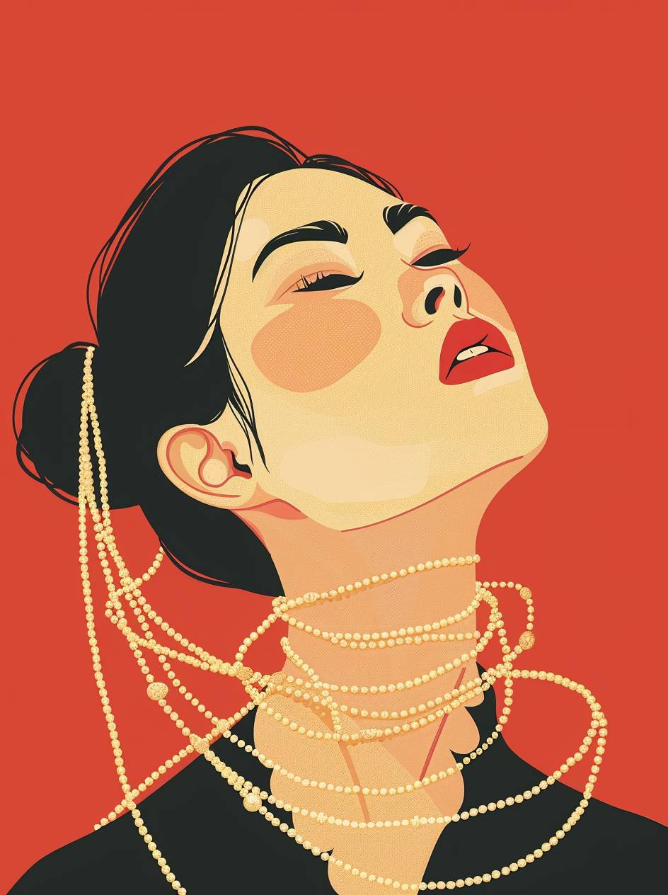 A portrait of a beautiful Asian woman in a modernist, minimalist style. Jillian Tamaki style. The woman is accented with many golden lines and exceptionally beautiful, adorned with pearls and jewels. Her eyes are closed, and she tilts her head back, showcasing her elegant neck. Her silhouette is outlined with golden lines, and her neck is wrapped in several loops of pearl necklaces, creating a sense of both opulence and restraint. Her expression shows a hint of suffocation, yet she gently touches the necklace with one hand, as if savoring the conflicting sensations. The background is a vibrant red, highlighting her regal and unique presence. Evokes a feeling of breathlessness.