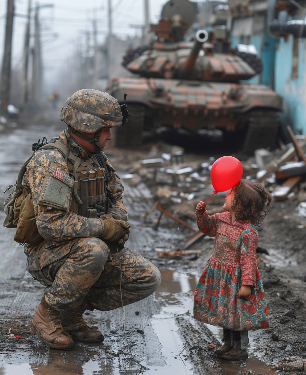 A British soldier on his knee gifting a red balloon to a small girl, in the background there is a destroyed city in Ukraine. A Ukrainian flag hangs in tatters of the side of a building. A warzone including an abandoned tank
