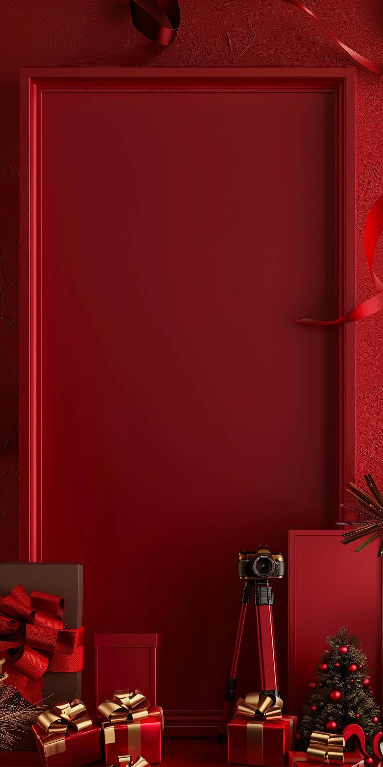 A very big red picture frame is a variety of photography equipment, including digital cameras, photography tripod, New Year clothing, two gold texture ribbon naturally wrapped around the picture frame, the background is solid dark red, clean and simple, high-definition picture quality, 3D rendering --ar 1:2 --style raw --v 6.0
